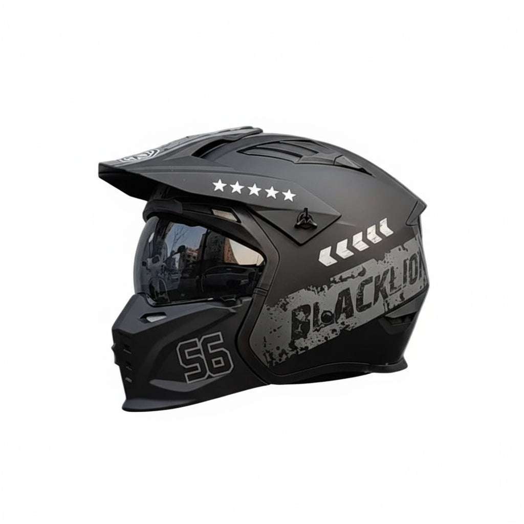 Matte skull helmet with mirrored visor and metallic grey accents.