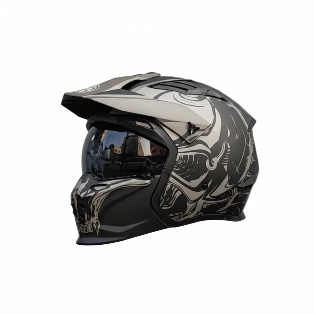 Matte skull helmet with mirrored visor and metallic grey accents.