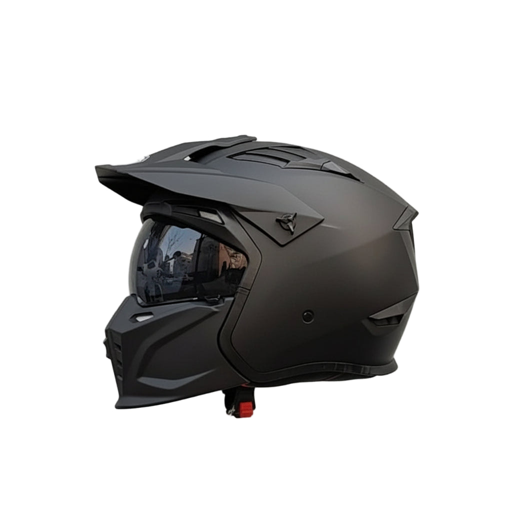 Matte skull helmet with mirrored visor and metallic grey accents.