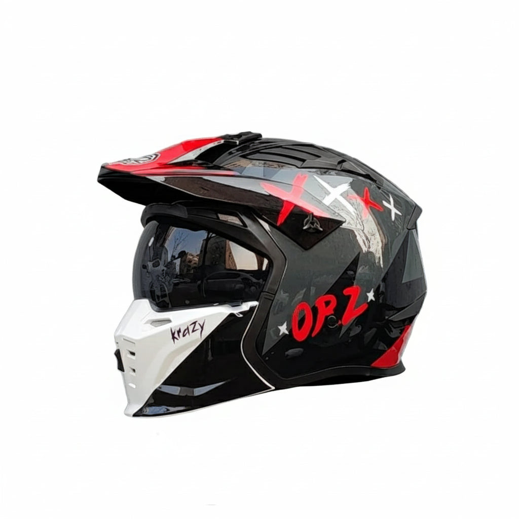 Matte skull helmet with mirrored visor and metallic grey accents.