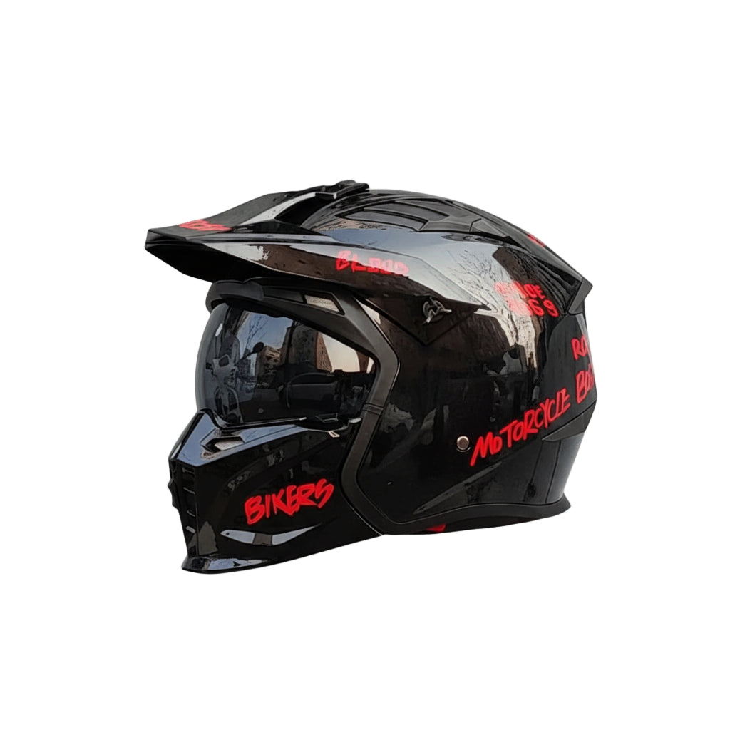 Matte skull helmet with mirrored visor and metallic grey accents.