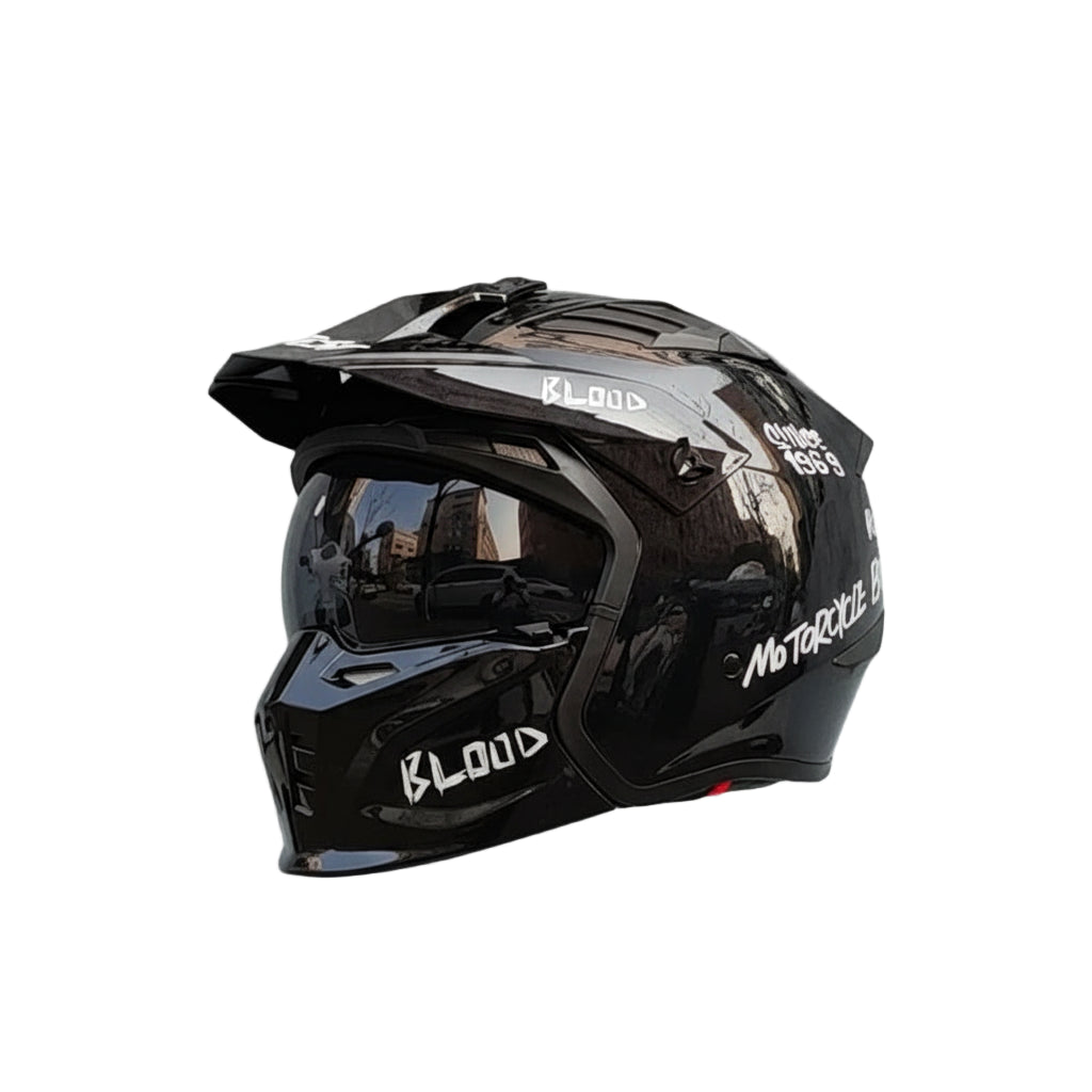 Matte skull helmet with mirrored visor and metallic grey accents.