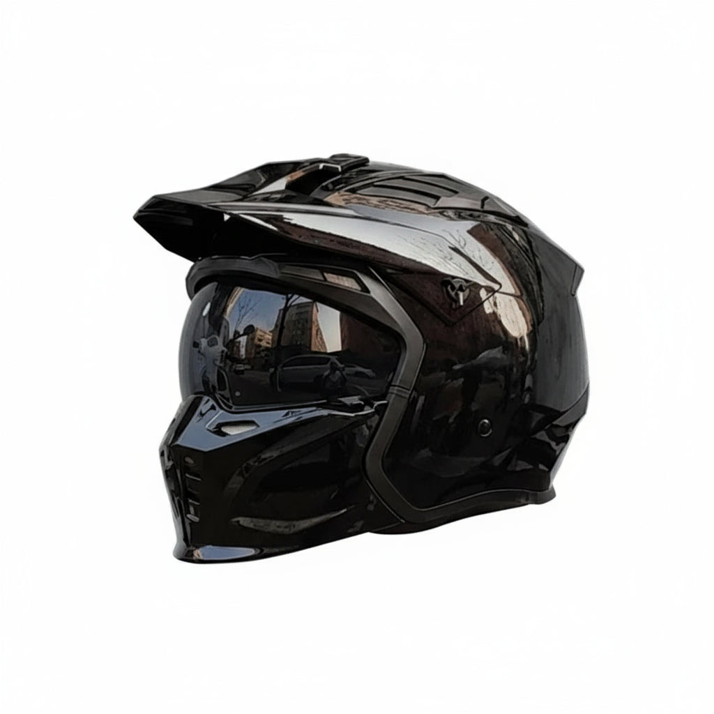 Matte skull helmet with mirrored visor and metallic grey accents.