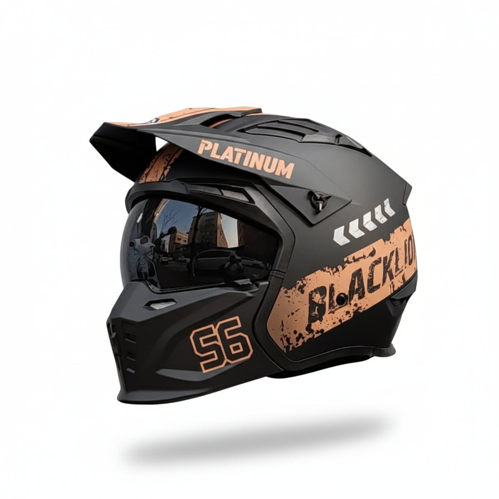 Matte skull helmet with mirrored visor and metallic grey accents.