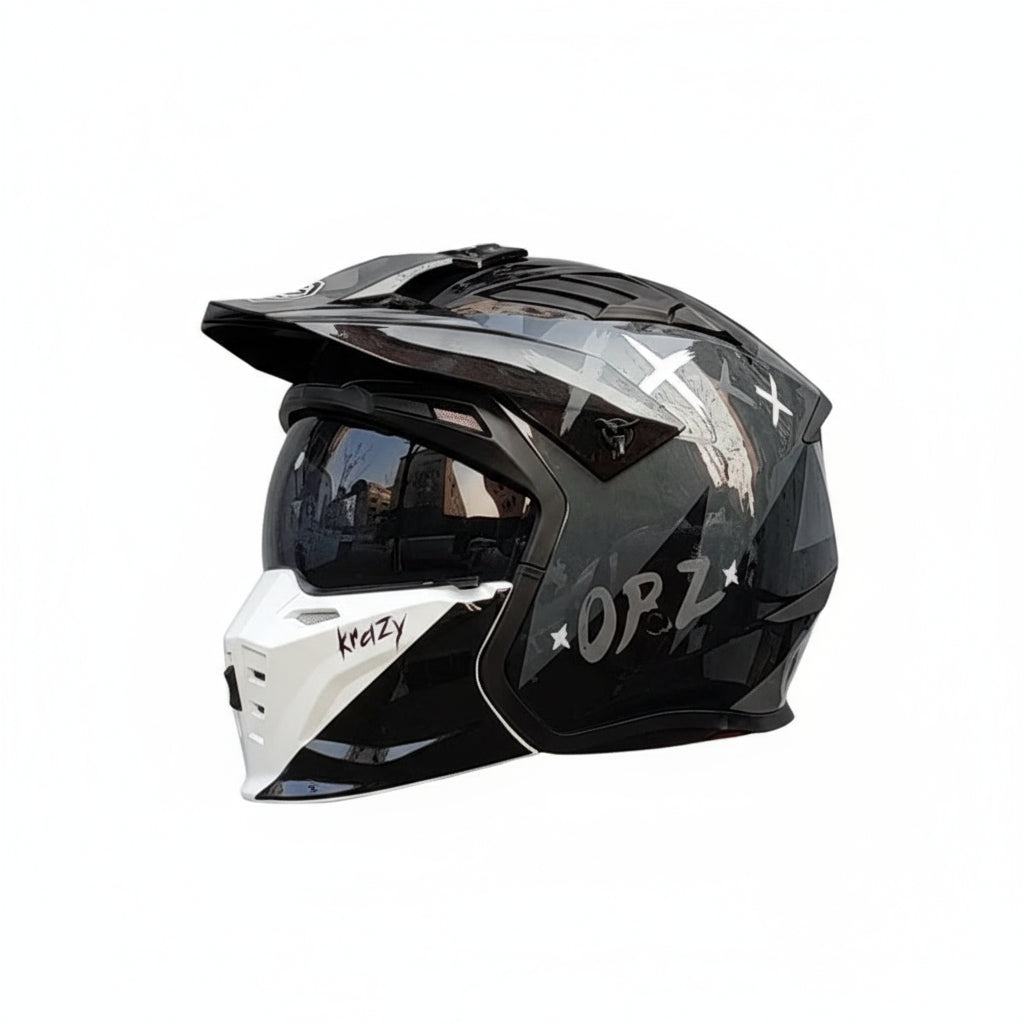 Matte skull helmet with mirrored visor and metallic grey accents.