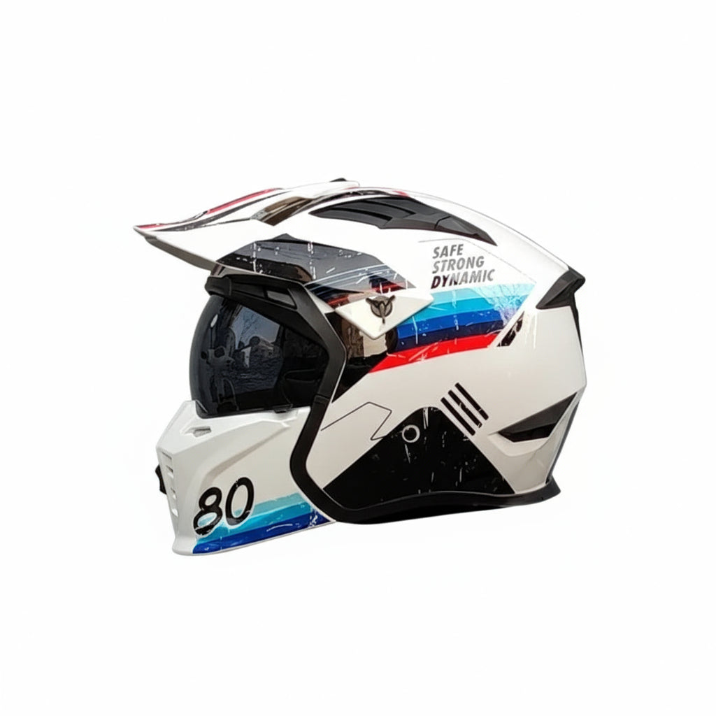 Matte skull helmet with mirrored visor and metallic grey accents.